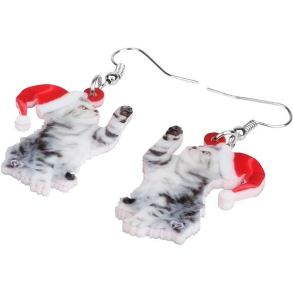 Cute Christmas Cat Dangle Earrings for Women & Girls - Charming Holiday Gifts - Picture 4 of 7